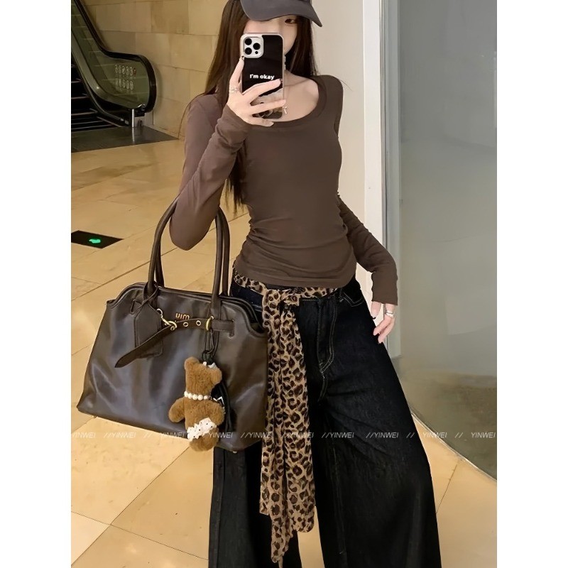 Retro Màu Cà Phê Da Báo In Cao Cấp Cho Eo Khăn Dài, Gợi Cảm Và Thời Trang