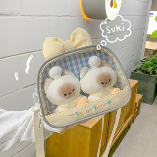Chữ thêu màu xanh trắng ca rô in hình dễ thương nơ thiết kế trong suốt Túi đeo vai itabag nữ PVC