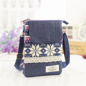 Phong Cách Mới Mục Vụ Lá In Vải Nữ Messenger Túi Điện Thoại Di Động Nhiều Lớp Màn Hình Lớn 5 Ngăn Vải Nhỏ Vuông Túi Đồng Xu P