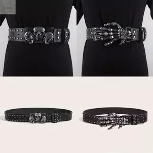 Thắt lưng đinh tán AWNGD, Thắt lưng đầu lâu có thể điều chỉnh đa năng, Thắt lưng da Gothic thông thường Y2k Punk Unisex