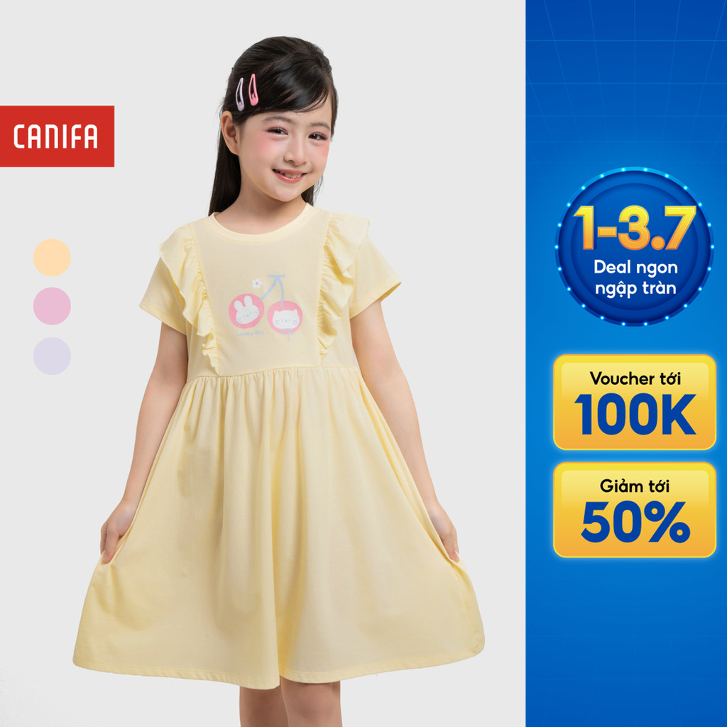 Váy liền bé gái CANIFA cộc tay dáng babydoll phối bèo có hình in 1DS26S003