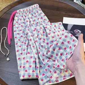 Kích thước lớn Phong cách Hàn Quốc ngọt ngào Playful Màu sắc tương phản in hình trái tim Quần ống rộng mùa hè phù hợp cho mọi trận đấu
