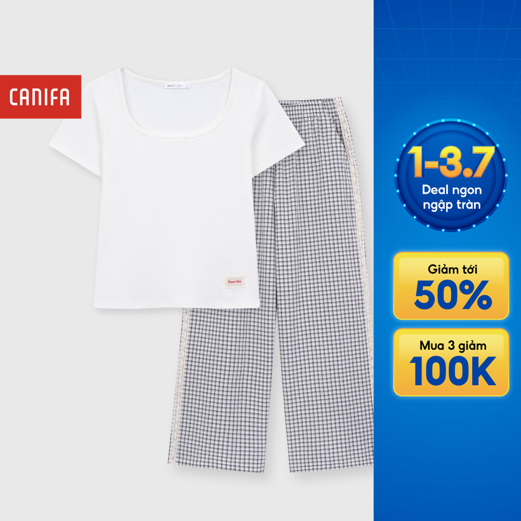 Bộ quần áo mặc nhà nữ CANIFA quần dài ống rộng áo ngắn tay cổ vuông 6LS26S008