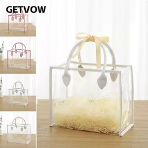 Túi Tote đóng gói cầm tay GETVOW, Túi quà tặng màu trắng hồng PVC, Túi mua sắm dung lượng lớn thực tế trong suốt chất lượng cao