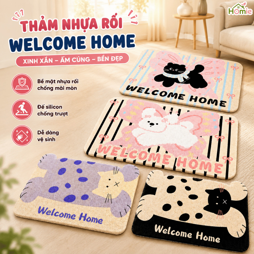 Thảm Chùi Chân Sợi Nhựa Rối PVC Cải Tiến Chống Bụi Bẩn HOMIE, Chống Trượt Cao Cấp Hình Cún Mèo Dễ Thương