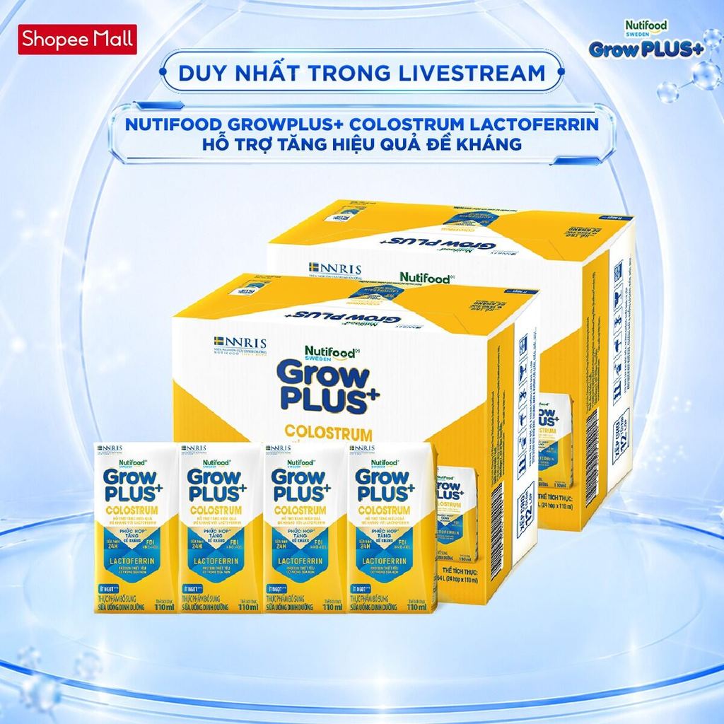 [Livestream BeyondK] Combo 2 Thùng 24 hộp Sữa bột pha sẵn Nutifood Sweden GrowPLUS+ Colostrum Lactoferrin 110ml