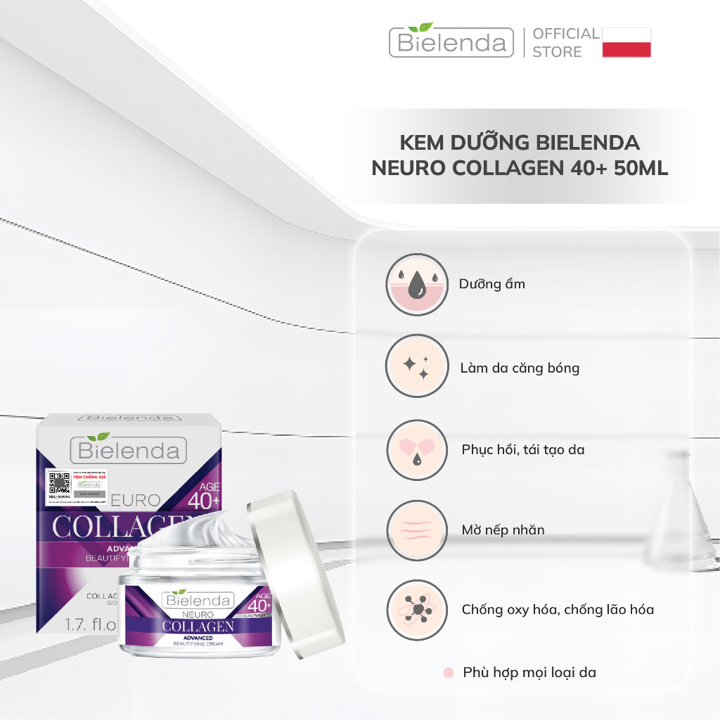 Kem dưỡng Bielenda Neuro Collagen 40+ dưỡng ẩm sâu, tăng độ đàn hồi, hỗ trợ trẻ hóa da 50ml
