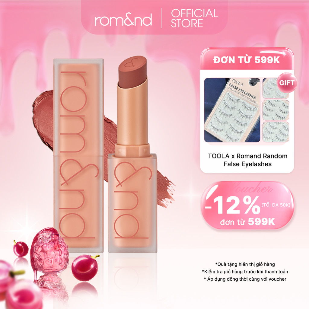[Rom&nd x KOL] [Muteral Nude] Son thỏi lì, lên màu siêu xinh Hàn Quốc Romand Zero Matte Lipstick 3g