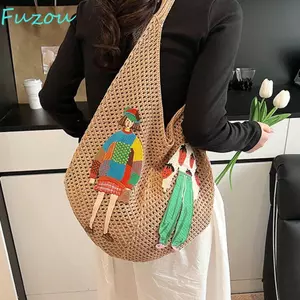 Túi Tote Dệt Kim FUJIOU, Túi Đeo Vai Dệt Phong Cách Bohemian Ngọt Ngào, Sáng Tạo Rỗng Ra Hoạt Hình Thêu Móc Túi Đi Biển Mùa Hè