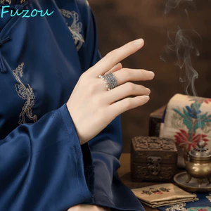 Nhẫn tua rua ren FUJIZOU, Nhẫn phong cách dân tộc rỗng có thể điều chỉnh, Cá tính Bạc Thái Lan Hạt tròn kim loại Nhẫn cổ điển Trang sức phổ biến