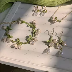 Bộ trang sức PYCOU Lily of The Valley, Vòng tay hoa lan tua rua ngọc trai, Bông tai hoa huệ xanh của thung lũng