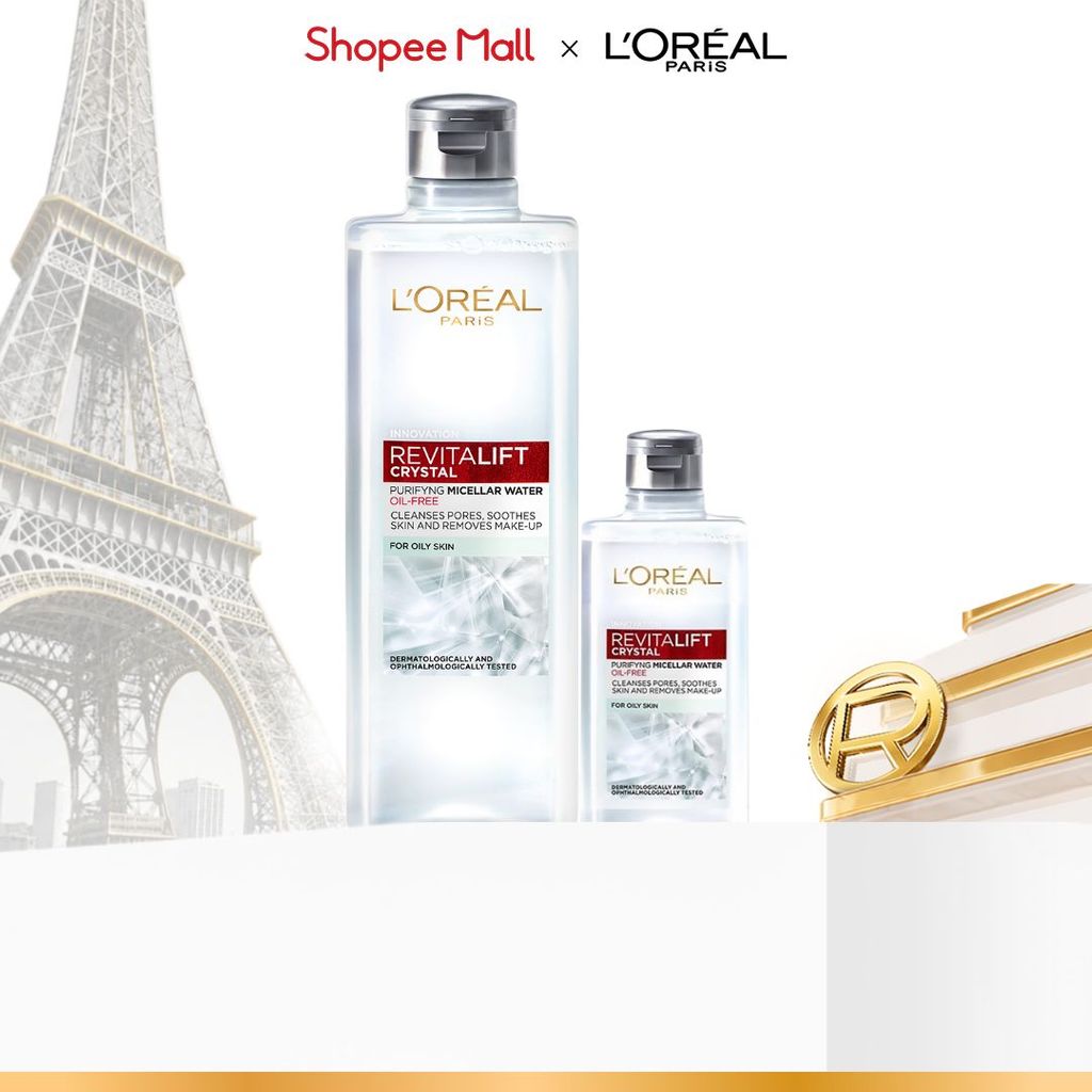 Bộ đôi Nước tẩy trang đa năng 3-in-1 L'Oreal Paris Crystal Revitalift Micellar cho da dầu mụn 400ml & 95ml