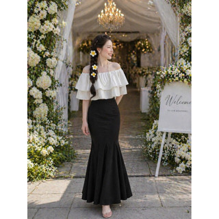 Set Áo Trễ Vai Bèo 2 Tầng + Chân Váy Đuôi Cá Dài Dáng Ôm Thanh Lịch Đi Tiệc Du Lịch K&B FASHION