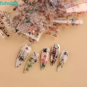FUHUIOT Trang Trí Móng Tay Hoa Sen Nghệ Thuật Quốc Gia Móng Tay Chuyển Miếng Dán Cho Móng Tay Mực Tranh Móng Tay Nghệ Thuật Trang Trí