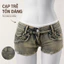 Quần Short Denim Nữ Y2K Thấp Tầng Vintage Bùn Rửa Studded Raw Hem Retro Cotton