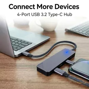 Exhila USB A và C Host Hub USB 3 2 10Gbps Bộ chia dữ liệu 4 chiều Vỏ kim loại màu xám và cáp vải cho khu vực bàn làm việc văn phòng