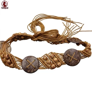 Thắt lưng bện Boho cho nữ 1 gói Thắt lưng dây sáp làm bằng tay có vỏ dừa- Khóa gỗ 170cm Thắt lưng rộng có thể điều chỉnh cho kỳ nghỉ đi biển mùa hè Mặc thường ngày Plus Size