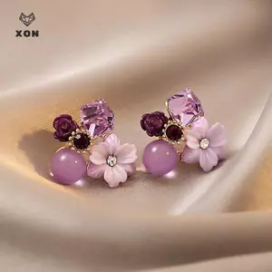 Bông tai đính hoa pha lê màu tím thời trang dành cho phụ nữ Trang sức đám cưới Phụ kiện dự tiệc [Mina]