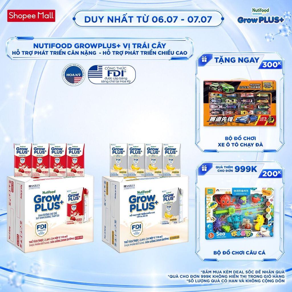 Combo 2 Thùng 24 hộp Sữa bột pha sẵn Nutifood Sweden GrowPLUS+ Vị Dâu 110ml & Vị Chuối 110ml