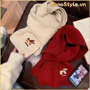 Khăn sọc dệt kim Monostyle len mềm mại, thêu hình chú chó đáng yêu, phù hợp cho mùa thu đông