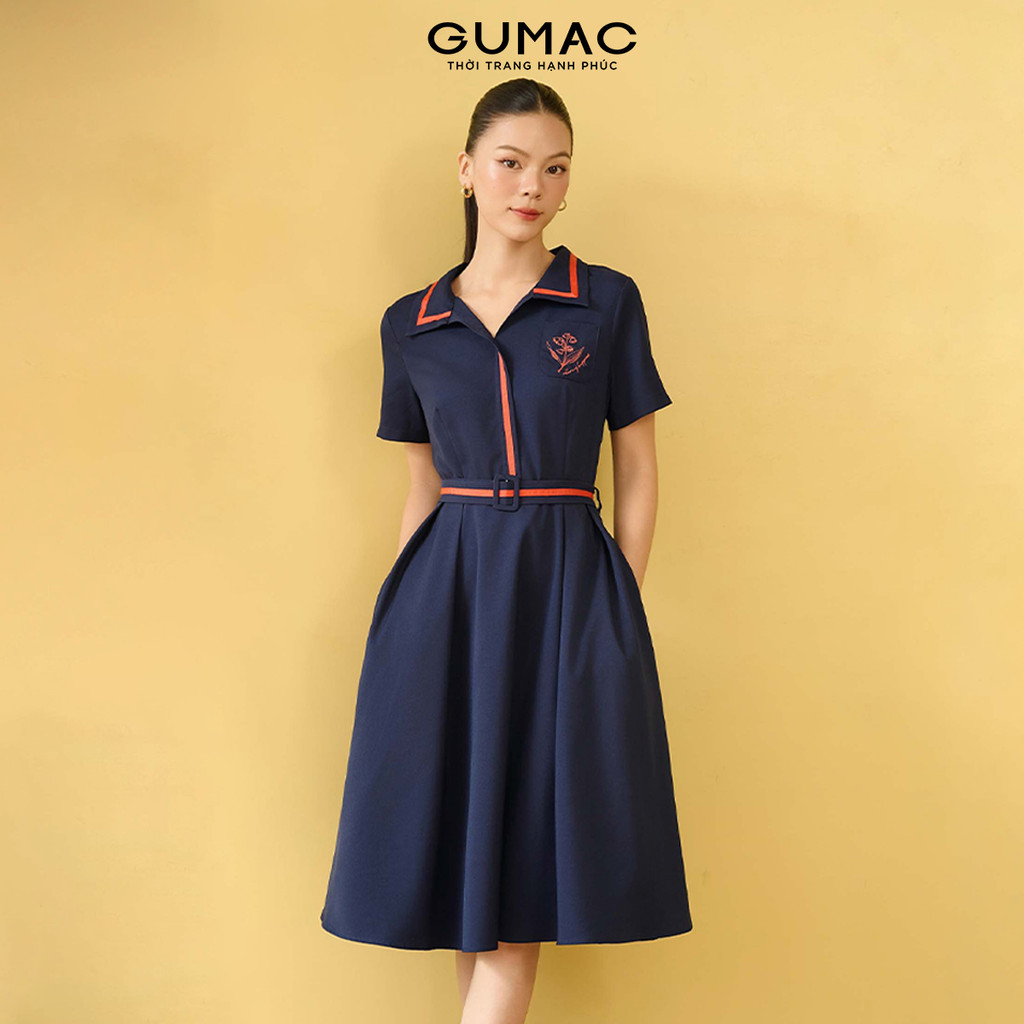 Đầm Nữ Dáng A Xòe GUMAC Nhẹ Nhàng Tay Ngắn Phối Dây Viền Thêu Hoa Tinh Tế DF10070