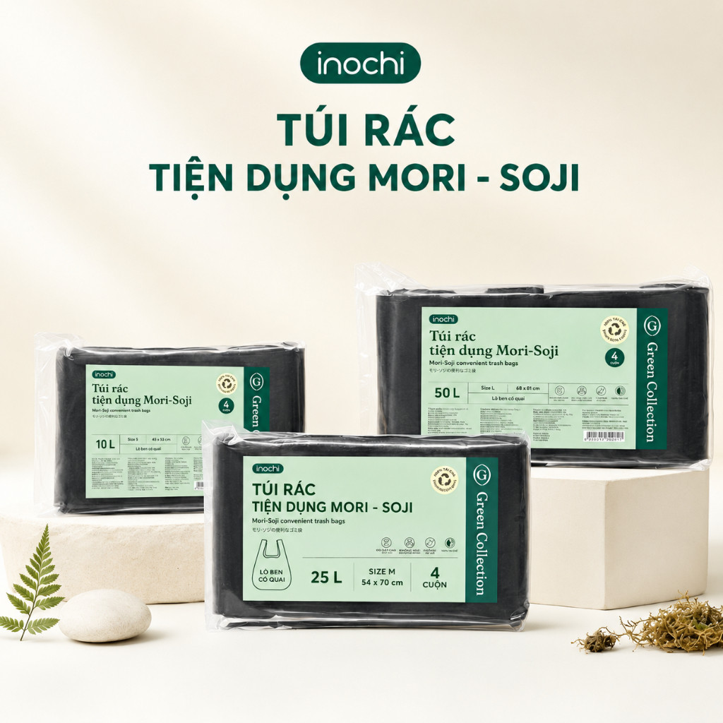IKI_Túi Rác Tự Huỷ Inochi Có Quai Tiện Dụng 10L,25L,50L,Dạng Cuộn Màu Đen,Dài Hơn 20%