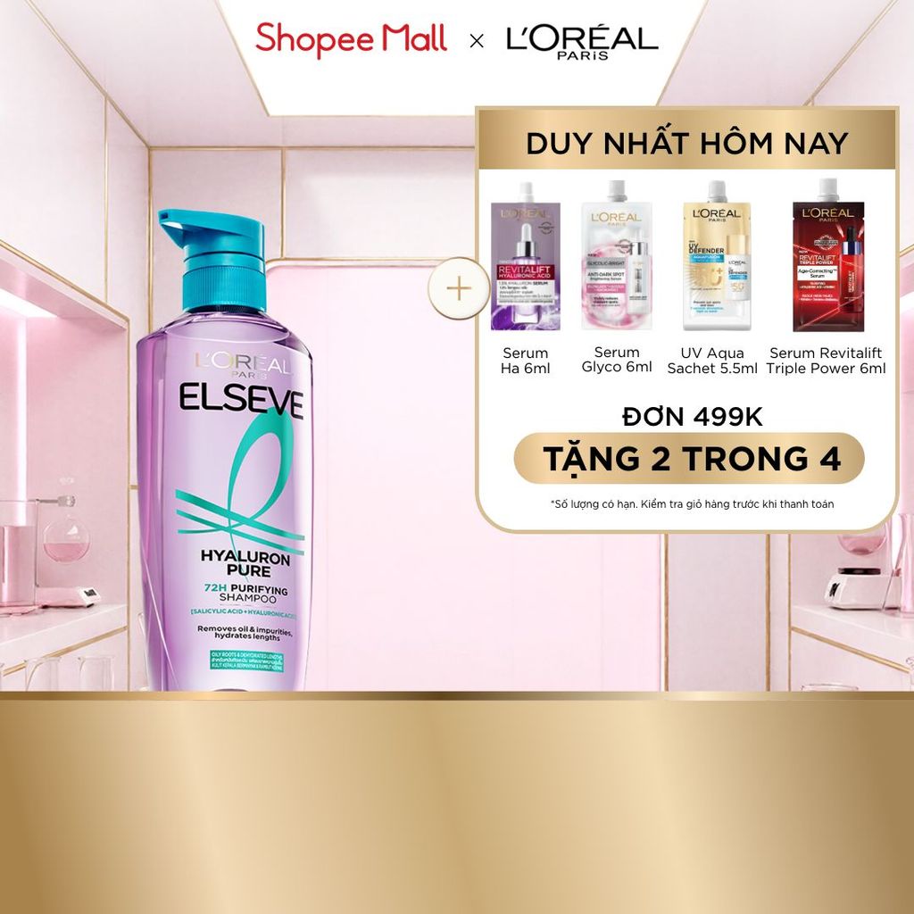 Dầu gội nhẹ bồng mái tóc 72H Elseve HA Pure cho da đầu dầu hoặc Moist cho da đầu khô 620ML