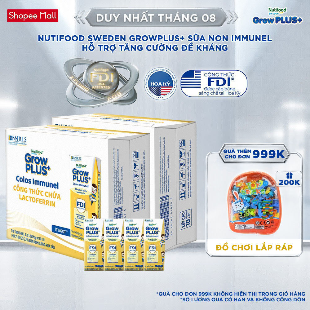 Combo 2 Thùng 24 hộp Sữa Bột Pha Sẵn Nutifood Sweden GrowPLUS+ Sữa Non Immunel hộp 180 ml (Bao bì tuỳ lô hàng)
