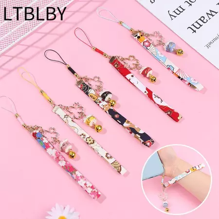 LTBLBY Mèo May Mắn Chuông Sakura Dây Điện Thoại Mèo May Mắn Phụ Kiện Hoa Anh Đào Dễ Thương Dây Treo Điện Thoại Mặt Dây Đeo Điện Thoại Dây Buộc Chống Mất Dây