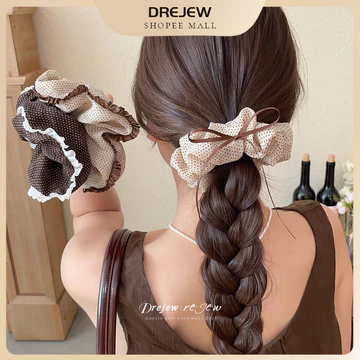 DREJEW Scrunchie Chấm Bi Ruffle Edge Nơ Ruy Băng Scrunchie Vải Mềm Tóc Scrunchie Phong Cách Ngọt Ngào Cho Nữ Mặc Hàng Ngày
