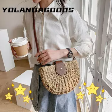 Túi cói hình bán nguyệt YOLA, Túi rơm mùa hè thời trang thủ công mây, Túi đi biển du lịch Túi Tote Messenger Túi đeo vai rỗng