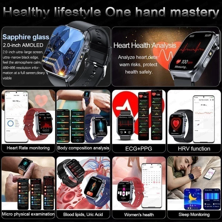 2026 Mới Phân Tích Mỡ Cơ Thể Sức Khỏe Đồng Hồ Thông Minh Dành Cho Nam Nữ ECG Trái Tim Axit Uric Huyết Áp 2.0 "Đồng Hồ AMOLED Gọi Đồng Hồ Thông Minh – 2