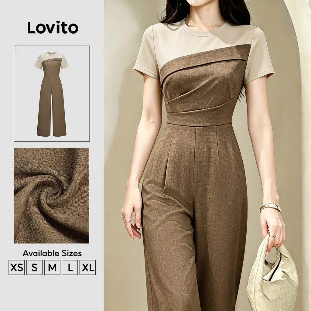 Lovito Jumpsuit nữ màu kaki xuân hè thanh lịch phối vải màu sắc bất đối xứng JRK8P2D467