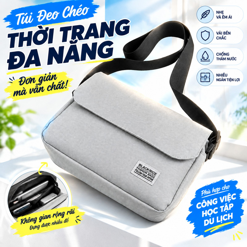 Túi Messenger Unisex Màu Xám Nắp Gập Dây Đeo Điều Chỉnh Phong Cách Tối Giản
