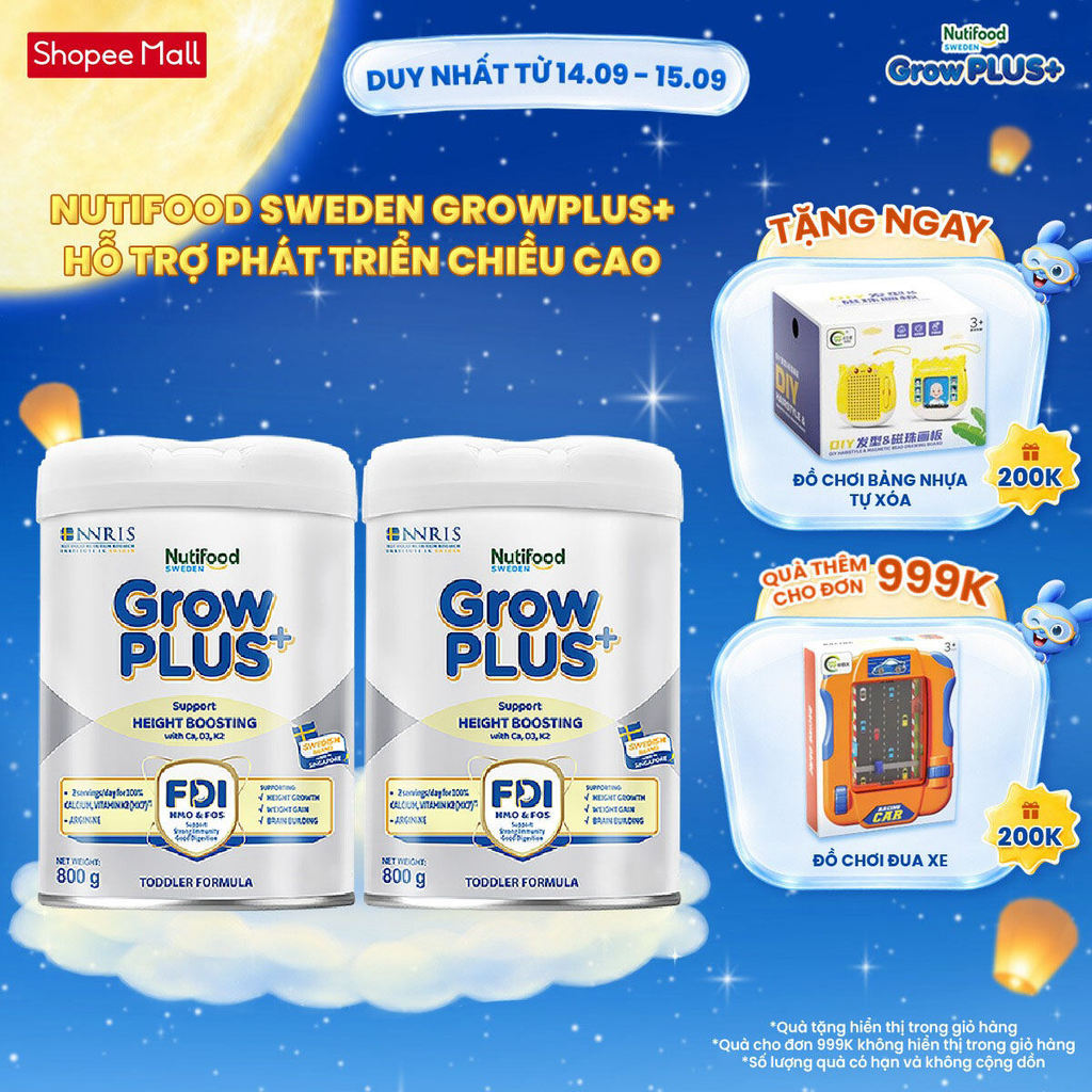 Combo 2 Sữa Bột Nutifood Sweden GrowPLUS+ Cao lớn vượt trội trên 1 tuổi (Bạc) 800g