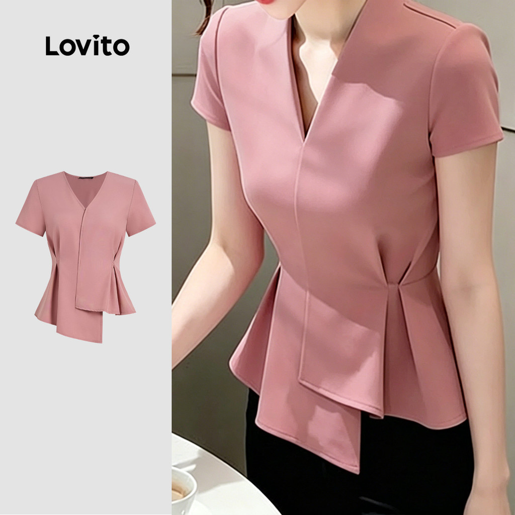 Lovito Áo phong cách thường ngày bất đối xứng xếp ly mùa xuân/hè màu hồng cho nữ L195ED012