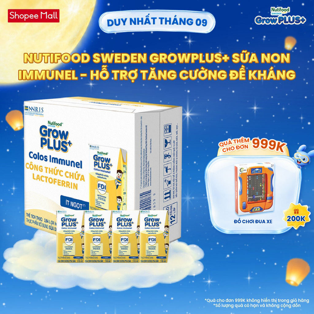 Thùng 24 hộp Sữa Bột Pha Sẵn Nutifood Sweden GrowPLUS+ Sữa Non Immunel (24 hộp x 110 ml) (Bao bì tuỳ lô hàng)