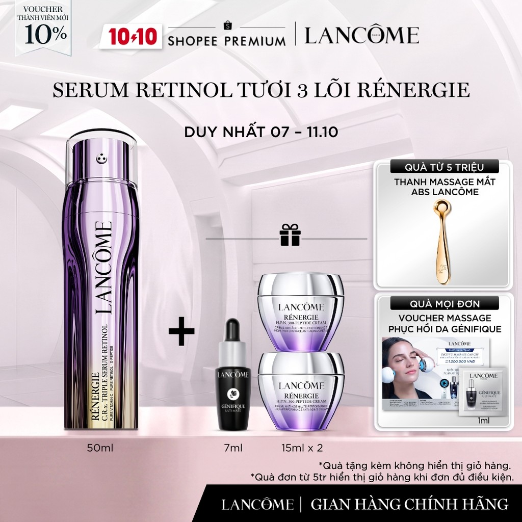 Serum Retinol Tươi 3 Lõi Rénergie Lancome - Giúp Tái Tạo Da Nhanh Gấp 2 Lần Với Retinol Thông Thường 50ml