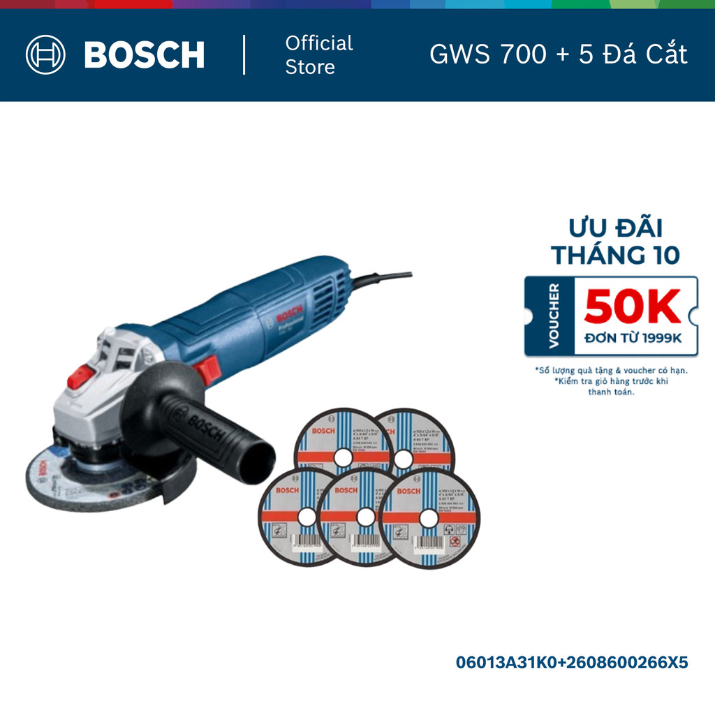 Máy mài góc GWS 700 - Tặng kèm 5 Đá cắt Bosch 100x1.2x16mm (sắt) chất lượng chuẩn Đức