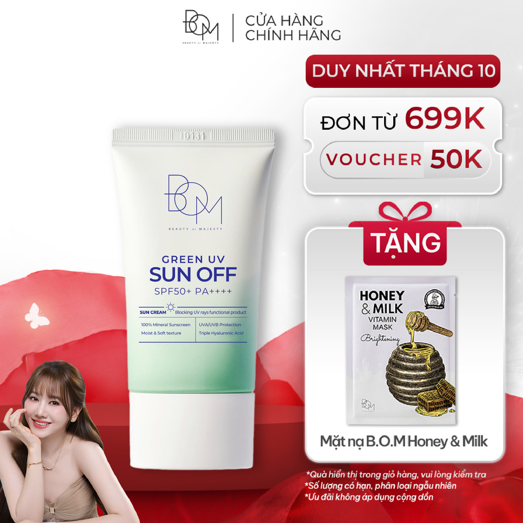 Kem Chống Nắng Vật Lý, Quang Phổ Rộng B.O.M Green UV Sun Off SPF 50+ PA++++ 50ml, Kem Chống Nắng Vật Lý Nâng Tông Da