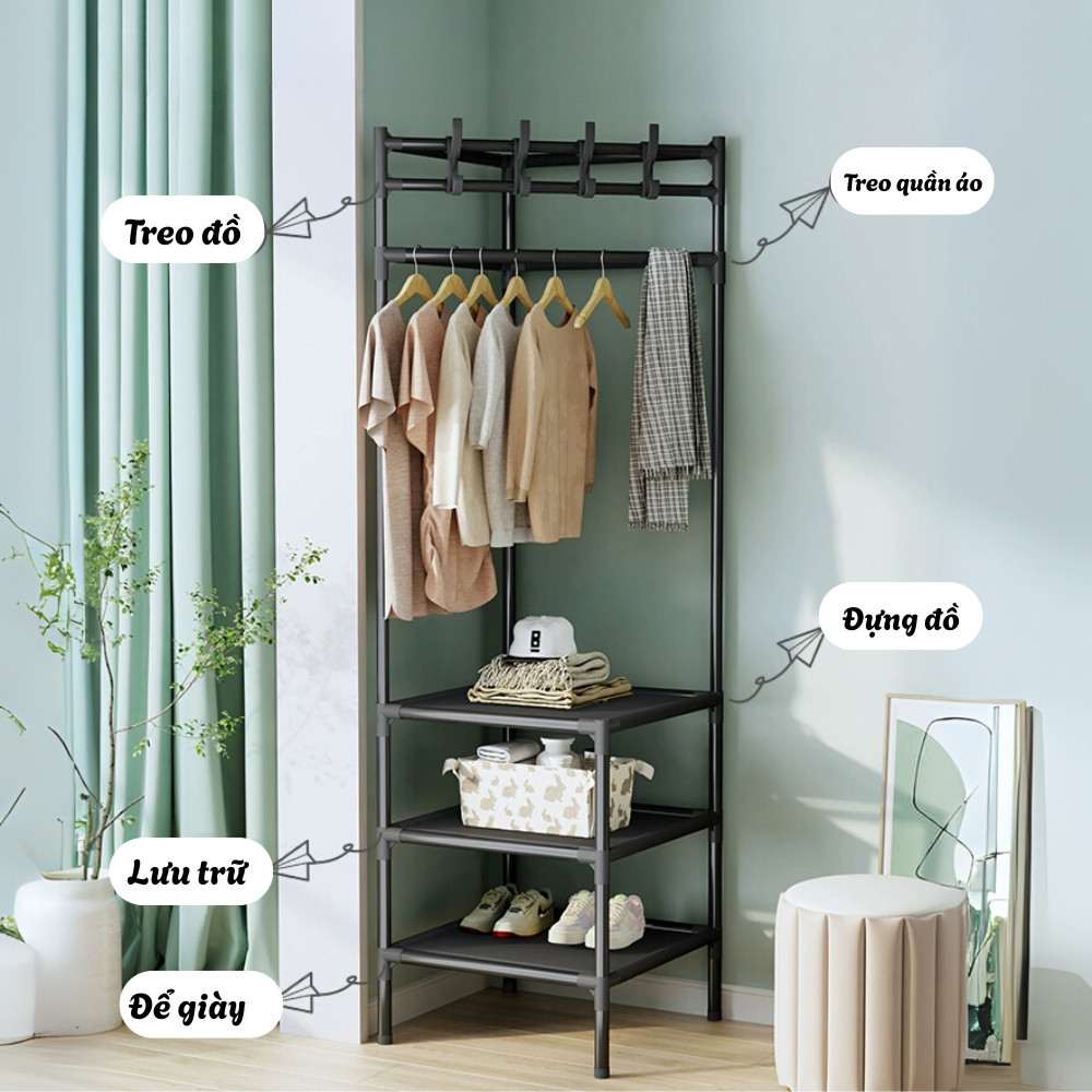 Kệ Treo Quần Áo Đa Năng Có Bánh Xe DINO, Kệ Sắt Treo Quần Áo Kèm Kệ Để Giày Dép, Túi Xách Tiện Lợi