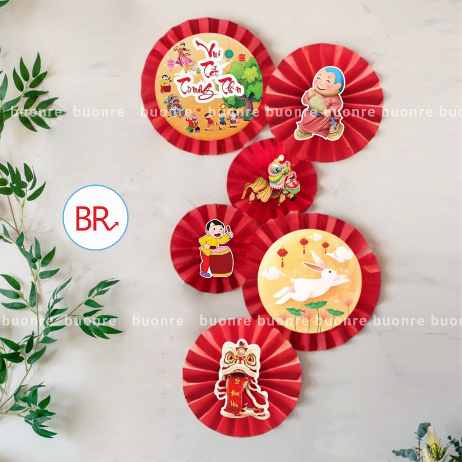 Set 6 Quạt Giấy Đỏ Trang Trí Trung Thu, Kèm Tag Decor Lễ Hội Trăng Rằm, Treo Nhà Cửa, Quán Cafe, Trường Học