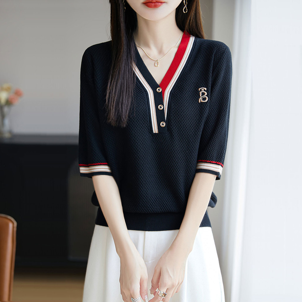 Mùa Hè Tencel Ngắn Tay Áo Sơ Mi Nữ Màu Sắc Phù Hợp Với Thêu Thời Trang Cổ Chữ V Băng Lụa Mồ Hôi