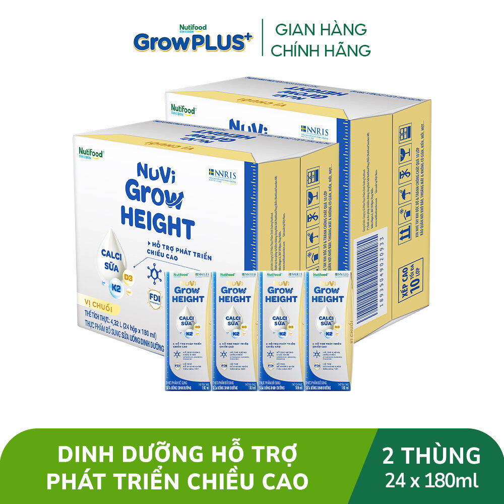 Combo 2 Thùng 24 hộp SBPS Nuvi Grow Height vị chuối 1+ hỗ trợ phát triển chiều cao hộp 180ml