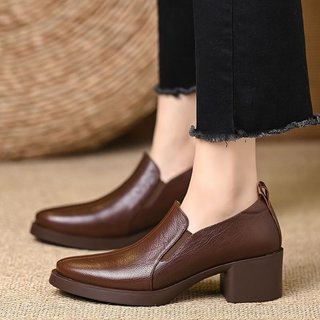 Giày Cao Gót Nữ Mũi Nhọn Dày Gót Miệng Sâu Slip On Thời Trang