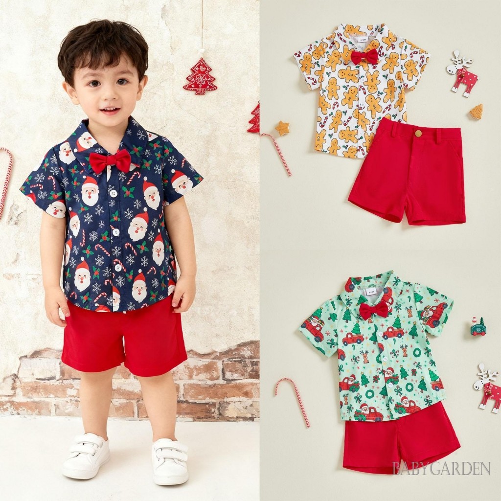 Bộ quần áo Giáng sinh cho bé trai tập đi Bộ cổ áo ngắn tay có nút xuống áo sơ mi và quần Short quý ông
