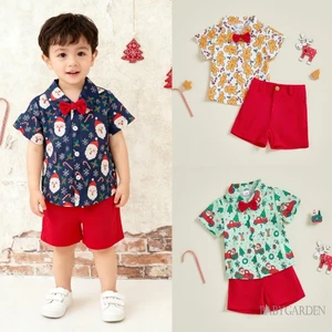 Bộ quần áo Giáng sinh cho bé trai tập đi Bộ cổ áo ngắn tay có nút xuống áo sơ mi và quần Short quý ông