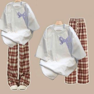 Tổng hợp các sét bộ quần caro đỏ+mix áo phông form rộng -hình NƠ  KẺ CARO tím in ngguc-thubaquanao