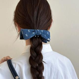 Kẹp Tóc Cao Cấp Style Hàn Quốc - Denim Màu Xanh Với Nơ Chuối In Họa Tiết, Phù Hợp Cho Duổi Ngựa Đứng