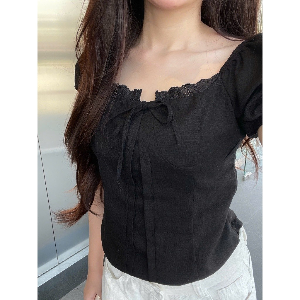 Áo babydoll nữ kiểu Linen tay phồng nơ ngực công chúa phong cách Kimee MA 380